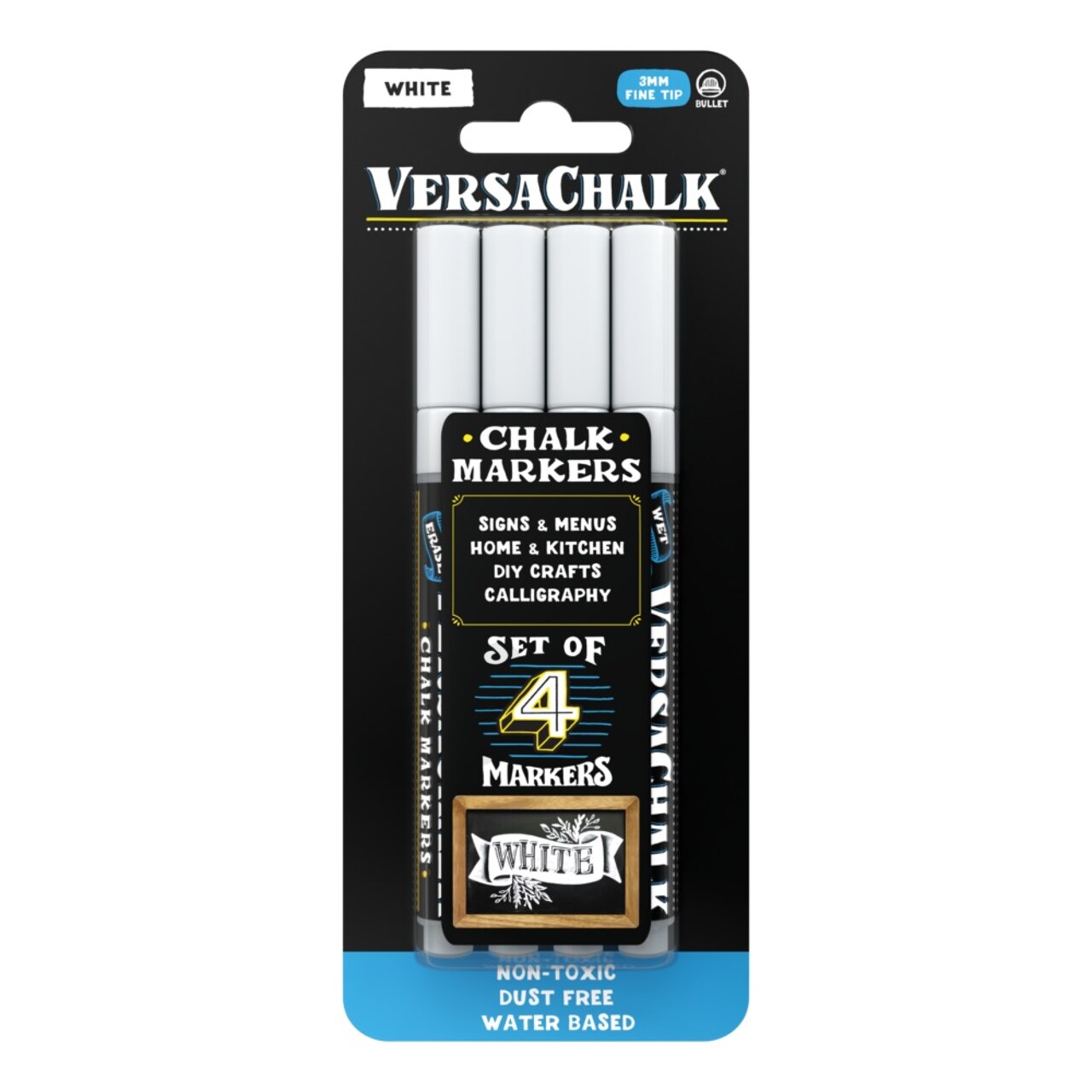 VersaChalk White Liquid Chalk Markers for Chalkboards, Set of 4 - 3mm Fine Tip
